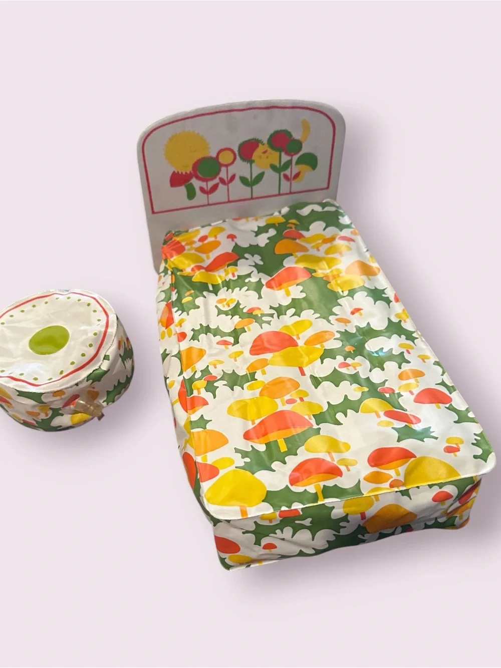 Vintage Barbie Puff N' Play Floral Print Retro Doll Bed Set Bed Ottoman Dresser